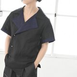 送料無料【完全一点物】半袖ダブルシャツ(ネイビー×ブラック)の画像