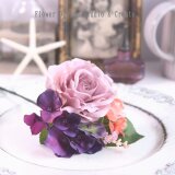 ピンクの薔薇と紫の紫陽花のブーケ風の髪飾り　フラメンコ　ダンス　髪飾り　発表会　紫　パープル　ピンク　花飾り　頭飾り　薔薇の画像