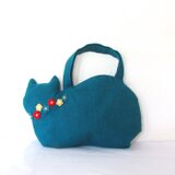 スラブリネン お花の猫バッグ ターコイズブルー