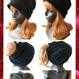 ハンドメイド　3wayスワール帽　ニット帽子　黒綿ニット 　