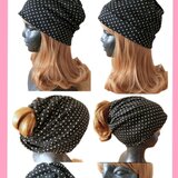 ハンドメイド　3wayスワール帽　ニット帽　黒×ベージュのドット柄　帽子