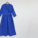 海色のカシュクールワンピース　リネン100％　ロイヤルブルーの画像