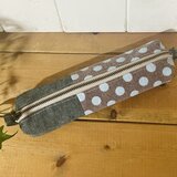 コットンリネン*ドットプリント*スリムペンケース*ソフトタイプ*グリーン×ブラウン×サックスブルー♪