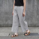 【即納】播州織 綿麻 ワイドイージーパンツ（ストライプ）リネン 白 黒 ポケット 紺 ネイビー