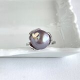 訳あり 淡水 ルベルパール ラベンダーダークパープル フラワーリング バタフライ付き silver925の画像