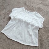 サマーセール！ビッグドット上質ホワイトコットン胸フリルブラウスの画像