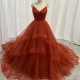 カラードレス テラコッタ キャミソール Vネック ラッフルフリル ソフトチュール ロングトレーン 花嫁の画像