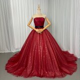 カラードレス ボルドー色 ベアトップ キラキラスパンコール ロングトレーン 花嫁の画像