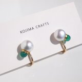 パールとグリーンオニキスの金継ぎパール[イヤリング]　淡水パール　緑瑪瑙　金継ぎ
