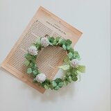 染め布花☆しろつめくさと四つ葉のクローバーのリース　花飾り　