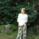 北欧風柄 コットンリネンのワイドフレアパンツ（オリーブ）