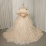 豪華！カラードレス シャンパン色 オフショルダー 柔らかく重ねたチュールスカート ボリュームドレス 花嫁