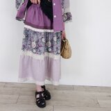 葡萄色リネンとアンティークローズの彩りティアードスカート（セットアップ対応）