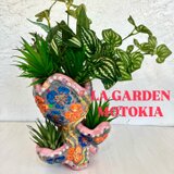 ハート形　三口プランターオブジェ手作り　ピンク　パール付き　セメント　植木鉢