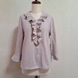 フリルブラウス　コットン　スモーキー　ビンク　七分袖　Lサイズ