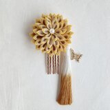 つまみ細工の花と蝶の髪飾り　タッセル付き　イエロー　《浴衣、七五三、成人式、着物》