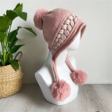 編み物 防寒 秋冬 耳当て付きニット帽子 ポンポン付き