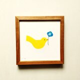 原画「青い花と鳥」※木製額縁入り（18㎝角）インテリアアート・イラスト・北欧・送料無料