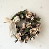 北欧風　大人のクリスマスリース　（造花、リース、モノトーン、ばら、雪だるま）