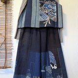 古布リメイク　リバーシブルキャミベスト＋藍染のワイドパンツのセットアップ　縞木綿　筒描き　ゆったりサイズ　着物リメイク　