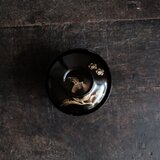 桃と花◆古輪島塗　漆芸黒塗沈金蓋付碗　漆器　骨董・antiques 古民家　明治〜大正期　個体A