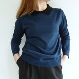 襟付き天竺配色ニット＜アイアンネイビー＞