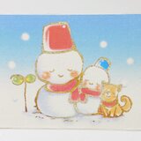 ギルディング和紙葉書　雪だるまと犬　昼 黄混合