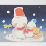 ギルディング和紙葉書　雪だるまと犬　夜 銀