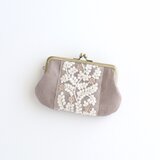 リネンとインド刺繍リボンのがま口ミニ財布/ポーチ　モカベージュ