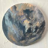 直径30㎝「画家の家の上空３」油彩・絵画・原画・丸形・アートパネル