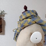 北欧っぽい風車織りミニマフラー　手織り　ブルーグレー＆レモンイエロー