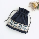 インド刺繍リボンの巾着ポーチ 　ネイビー