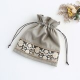 インド刺繍リボンの巾着ポーチ 　ベージュ