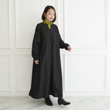 【着丈調整可能】体型カバー 身幅ゆったり コットン キーネック 長袖 ワンピース　ブラック　0762BK