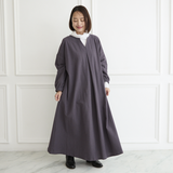 【着丈調整可能】体型カバー 身幅ゆったり コットン キーネック 長袖 ワンピース　レトロパープル　0762R.Pp
