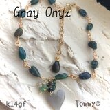 14kgf ハートグレーオニキスとエメラルド、オパールのブレスレット