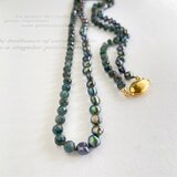 ミスティックなブルーグリーン 深緑色　淡水パールとカイヤナイトのロングネックレス　1本のみ