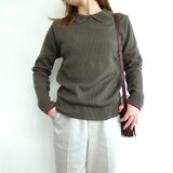 『日本製』襟付き袖配色ワイドリブニットプルオーバー（ドトール×レッド）