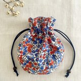 ＊リバティ・まるい巾着ポーチ＊ウィルトシャー・ブルー＆レッド