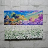 油絵【朝焼けの草原に咲く白い花と朝日】