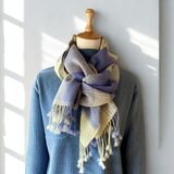 【受注制作】ベビーアルパカ手織りロングストール（クリーム×ブルー×ベージュ）