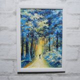 油絵【雪景色の中で雪に立つ鹿】