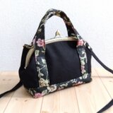 トートバッグ風　がま口ショルダーバッグ　ポシェット　21cm口金　薔薇柄　ブラック　539