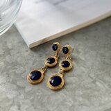 PT27-【 TRIFARI 】トリファリ・ヴィンテージピアス Navy Cabochon Gold Tone Drop