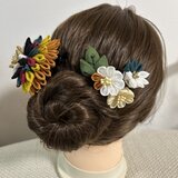 黄土と深緑のつまみ細工 半クスかんざし小花コームセット