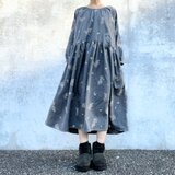 50％OFF★刺繍の小鳥とミモザ花柄＊大人の長袖ワンピース＊国産綿100％あったか起毛＊ポケット付＊クラシックグレー