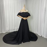 高品質！パーティードレス ブラック オフショルダー イタリアサテン ロングトレーン 披露宴