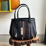 革と古布のパッチワークバッグ（黒の革＋着物生地））01016-126