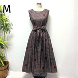 着物リメイク　大島紬花柄ワンピース　2WAY ジャンパースカート　ふんわりウエストギャザー　ノースリーブ