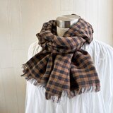 秋冬 150 短めイタリアンリネンのストール　ギンガムチェック　ブラウン×黒